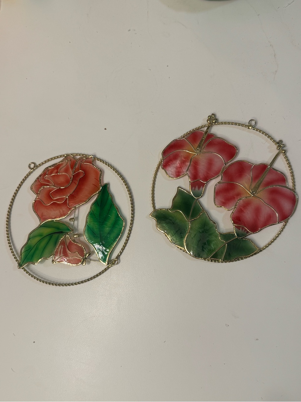 Floral Stained-Glass Hanging Ornament Pair - Pink & Green